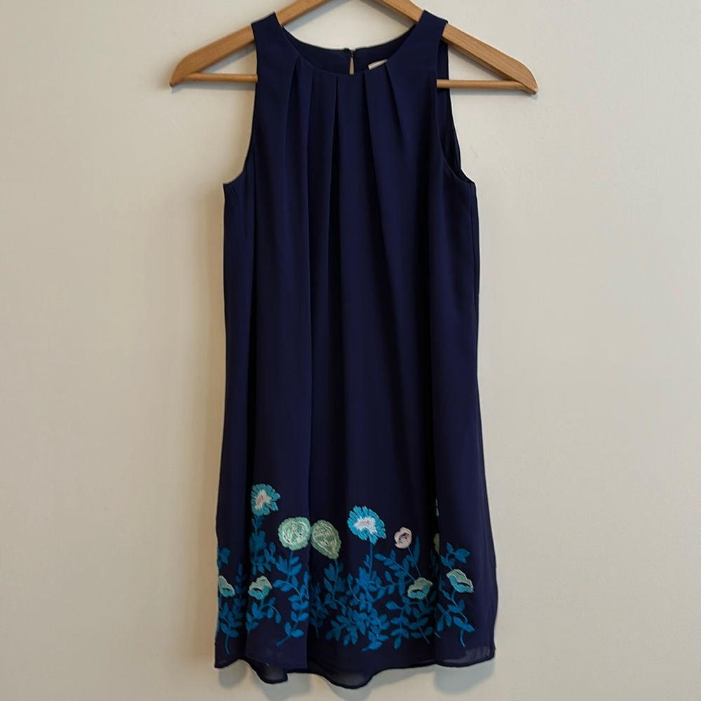 Loft Outlet Embroidered Blue Chiffon Sleeveless Midi Shift Dress 00P